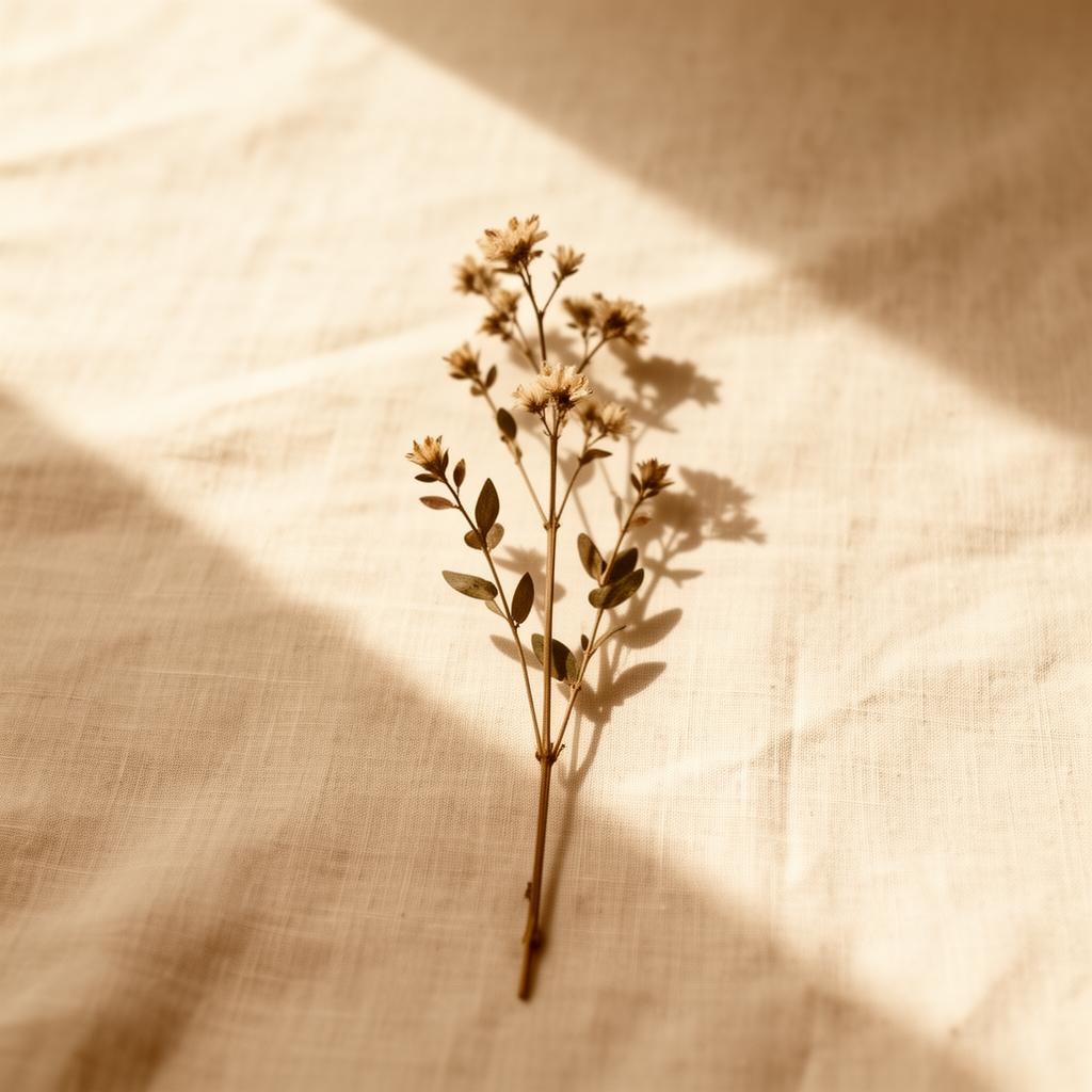 A single dried wildflower stem resting on soft cream linen
